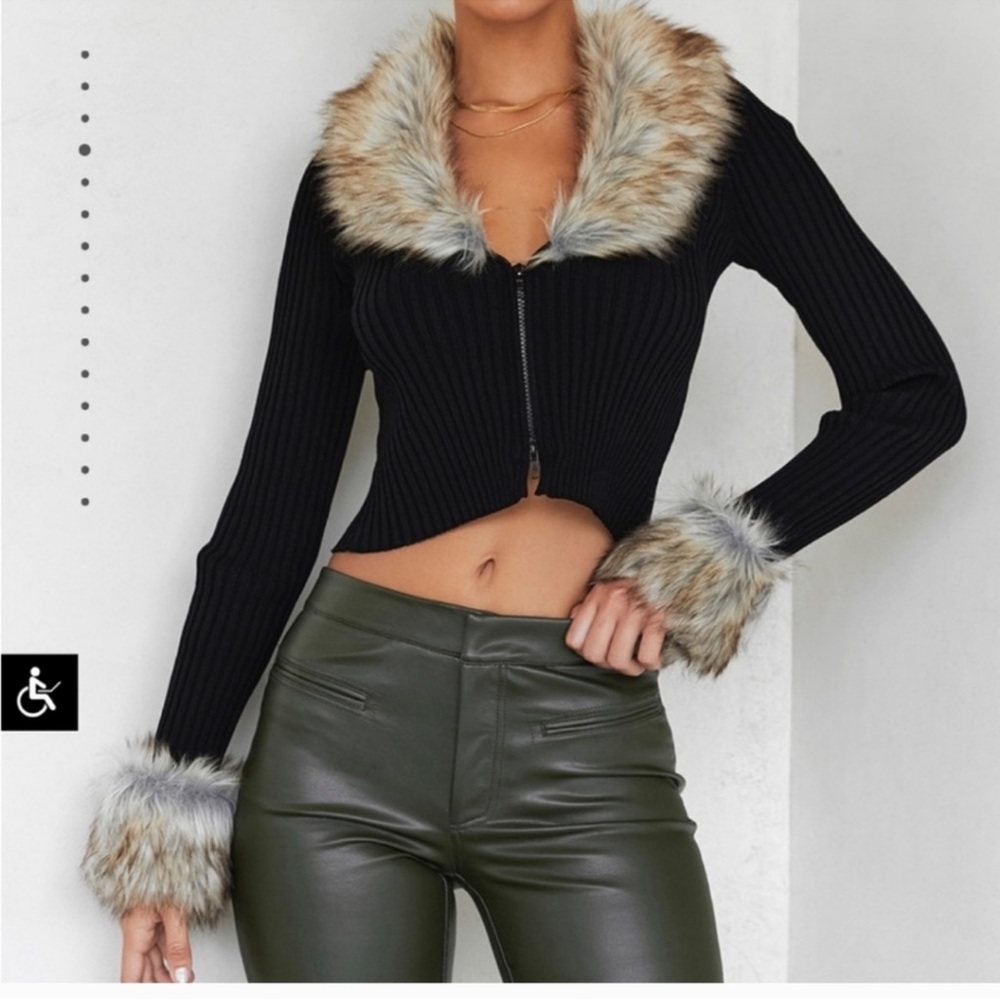 Faux Fur Trim Black Ribbed Blouse